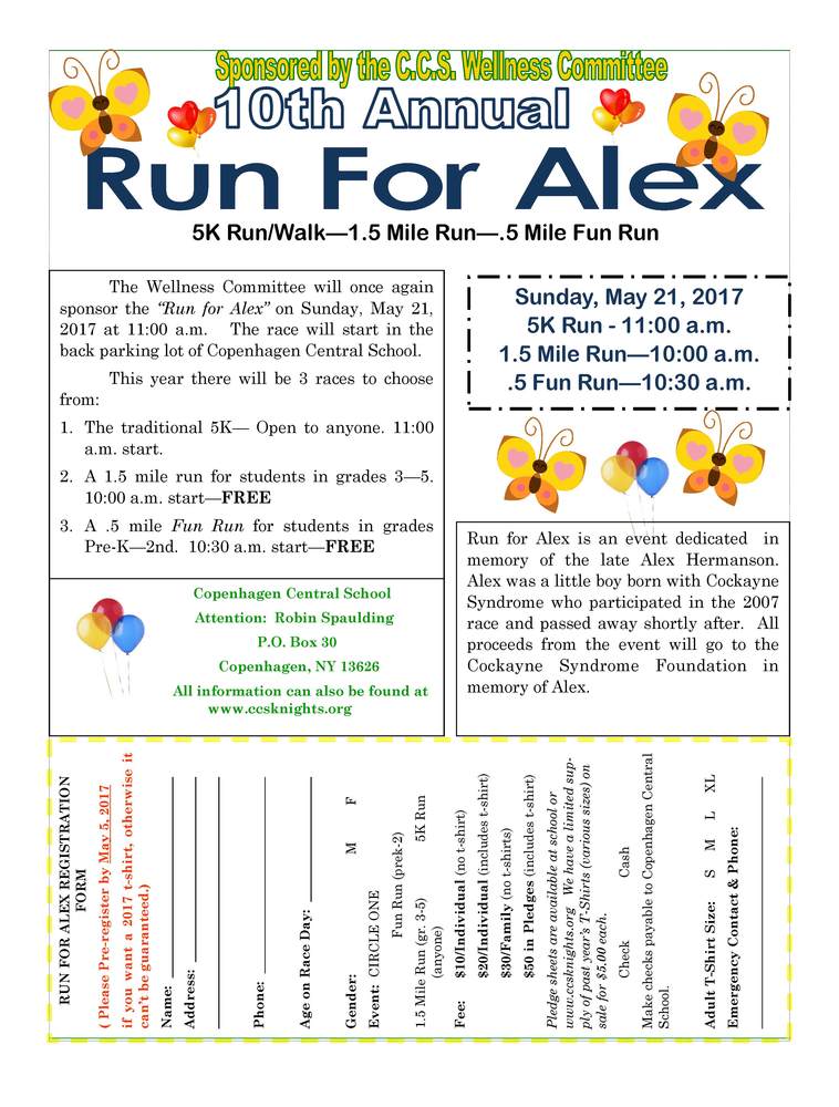 PLEASE REGISTER FOR RUN FOR ALEX BY MAY 5th!